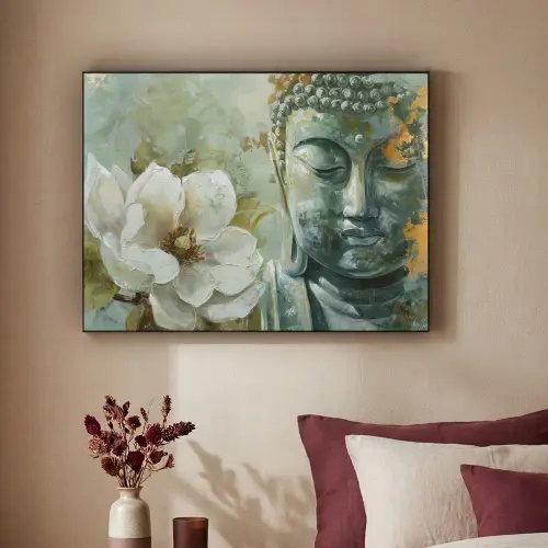 Boeddha - Groen - Lotusbloem - Wit Textielframe - compleet frame klein -sfeer1