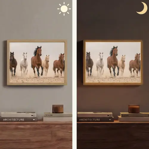Kudde paarden - Stofwolk - Bruin - Zwart Light Box met batterij (Wandlamp) middel -sfeer3
