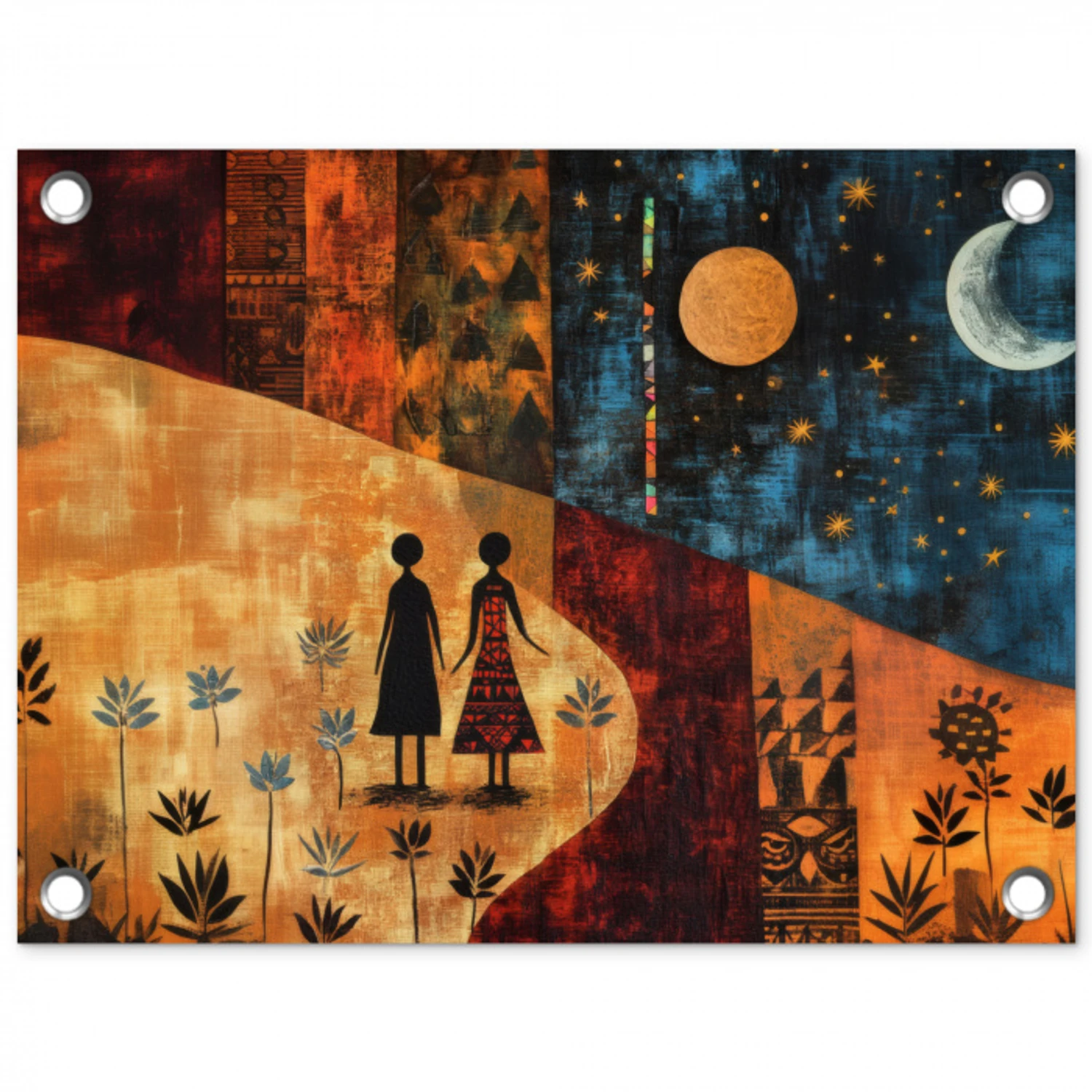 Silhouetten - Abstract - Zon - Maan tuinposter los doek klein -3d