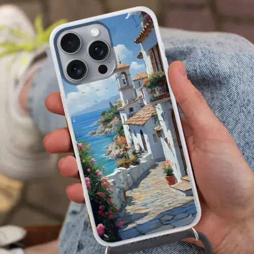 Huizen - Zee - Bomen - Bloemen Hoesje iPhone 16 Pro Max met koord klein -sfeer3