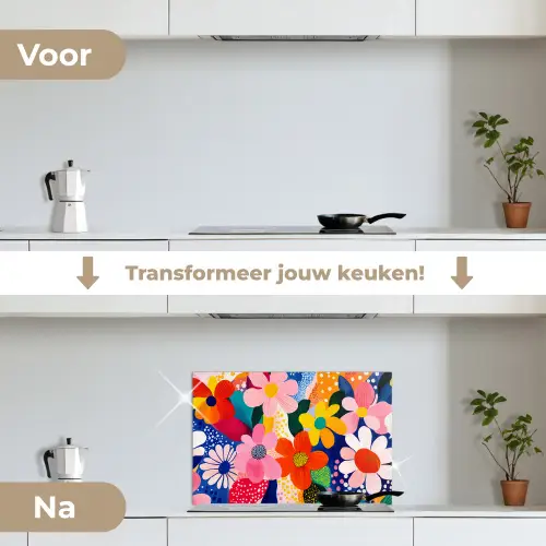 Bloemen - Kleurrijk - Stippen keuken achterwand spatscherm klein -voor_na_NL
