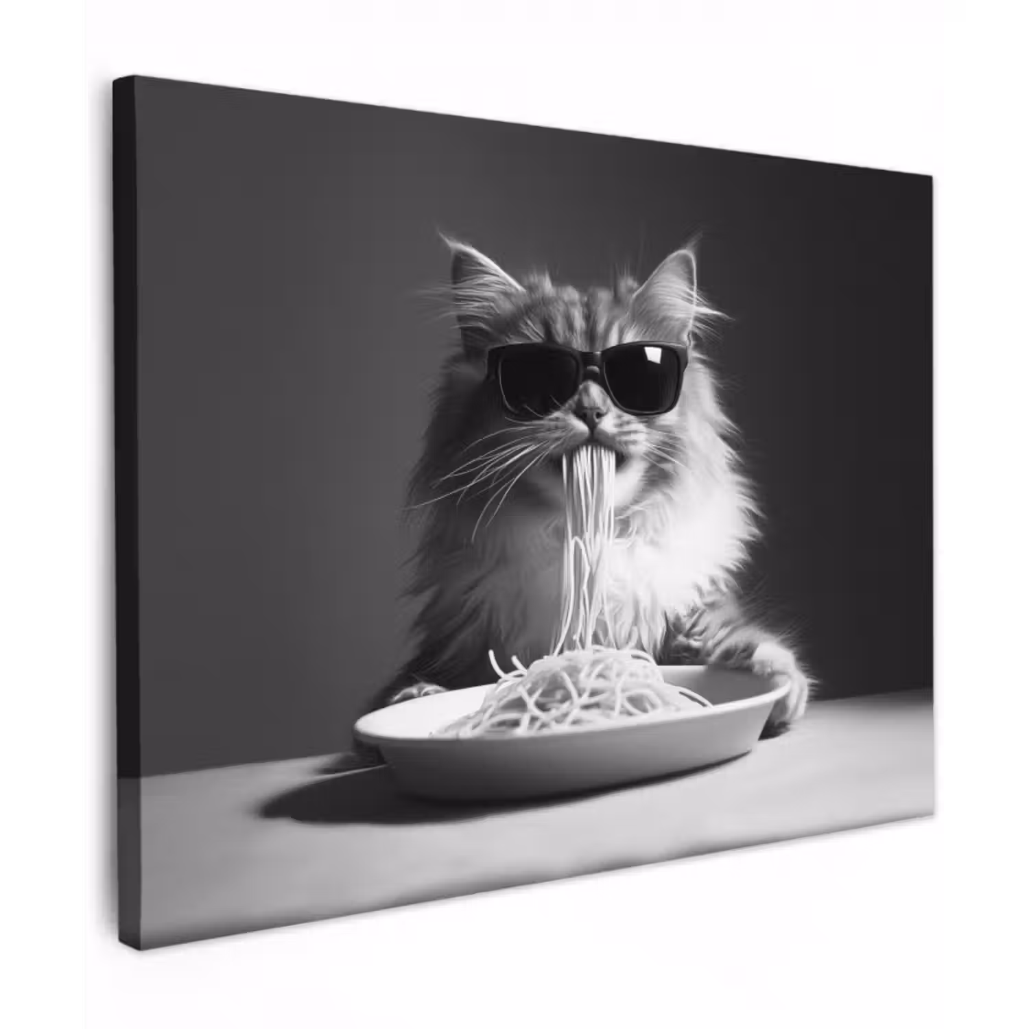 Leinwandbild - Langhaarkatze - Sonnenbrille - Spaghetti - Humor - Schwarz - Weiß