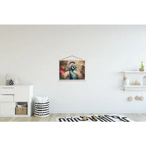 Pauw - Vogel - Bloemen - Planten - Pauwenveren textielposter latten blank klein -kinderkamer