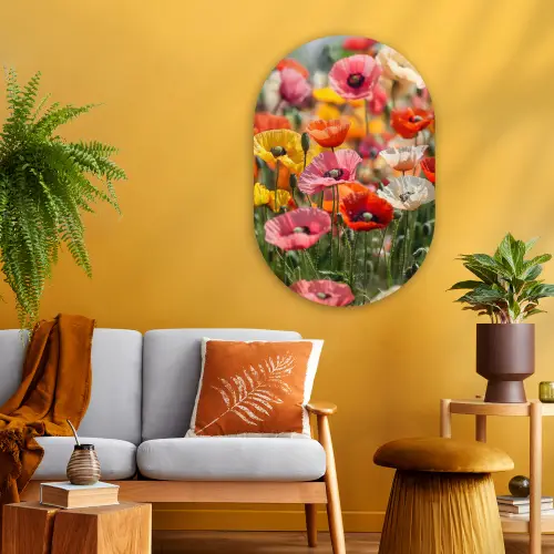 Bloemenveld - Klaprozen - Kleurrijk Wandcirkel Ovaal Glas middel -sfeer4