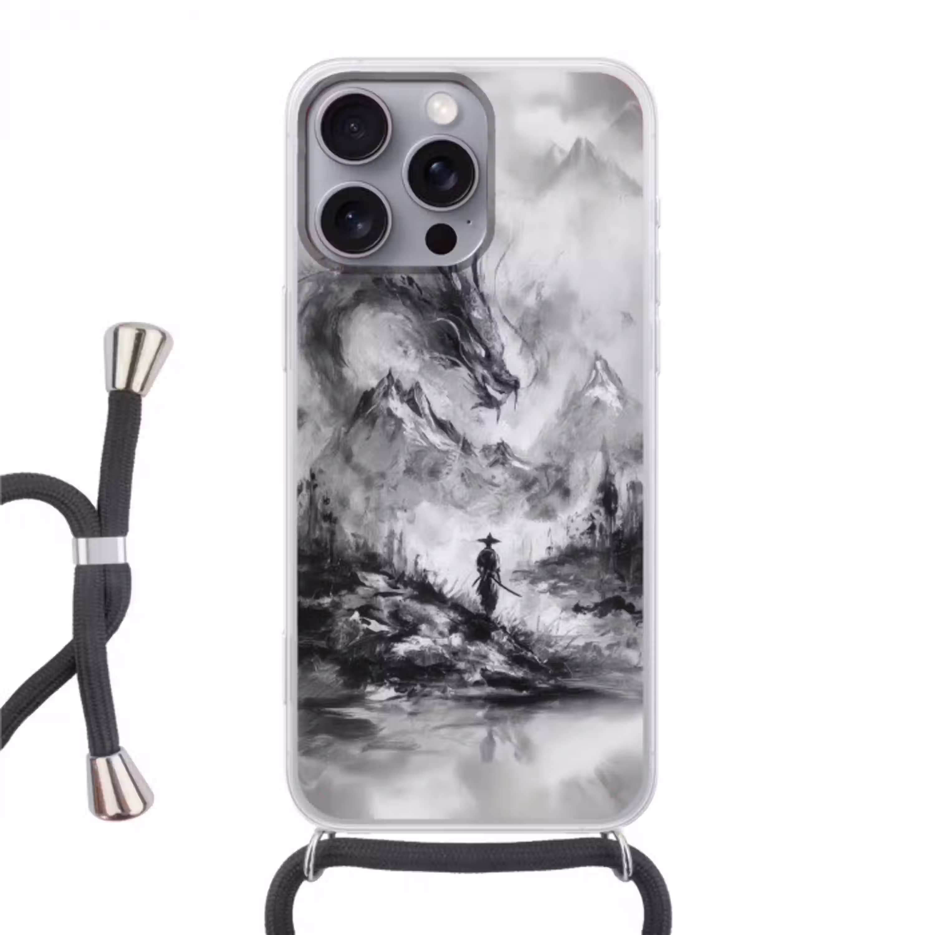 Krijger - Draak - Grijs Hoesje iPhone 16 Pro Max met koord klein -3d