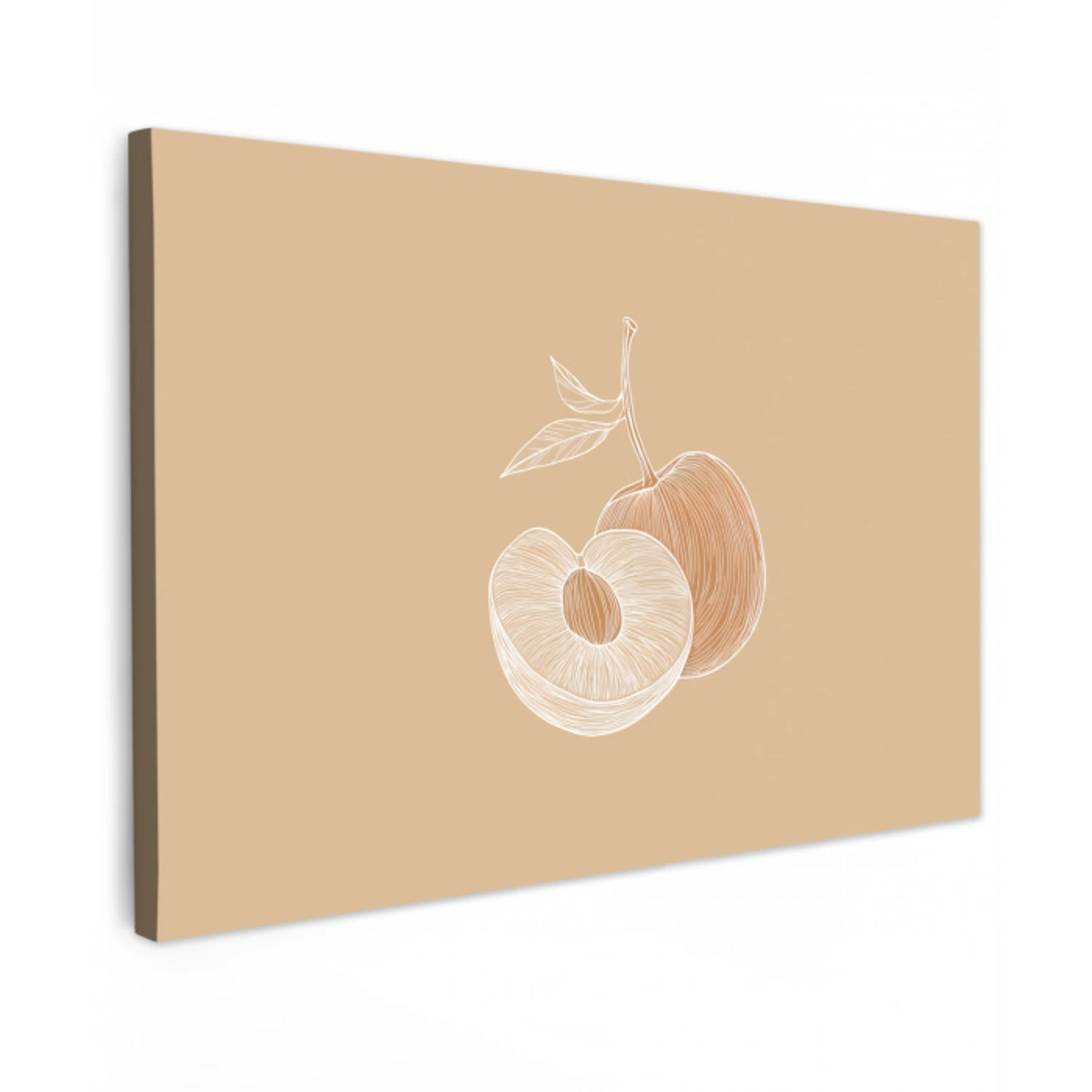 Perzik - Lijntekening - Pit - Beige Tuinposter op houten frame 2 cm dik klein -3d
