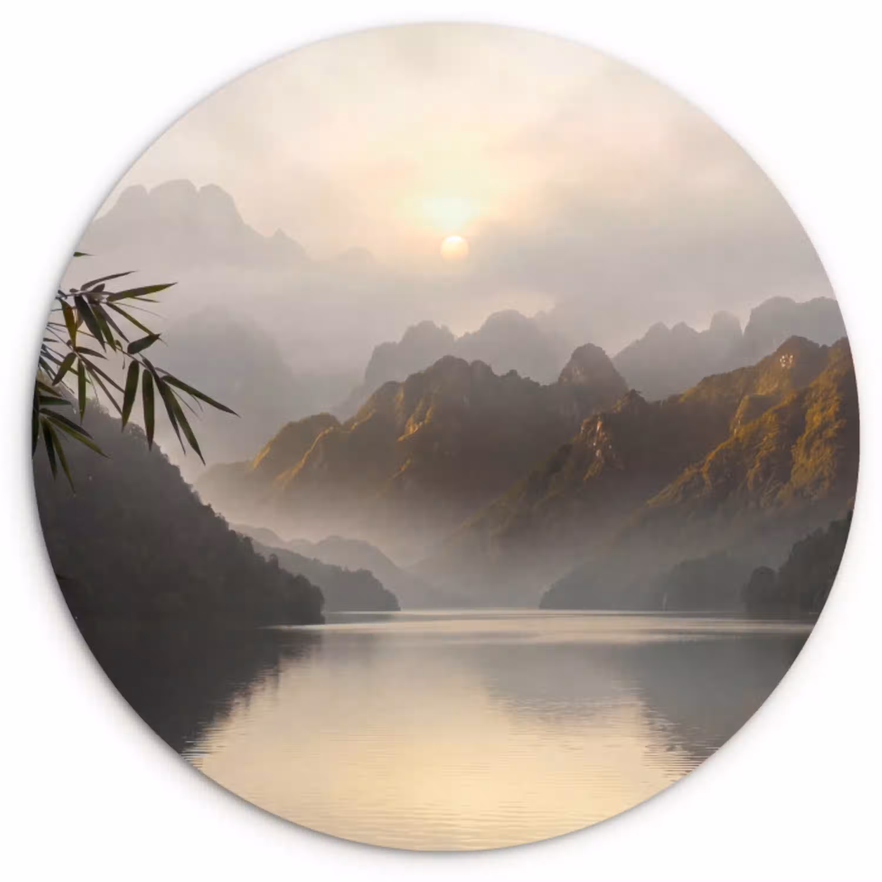 Bergen - Water - Mist - Natuur - Landschap Wandcirkel kunststof plaat 5mm dik klein -3d