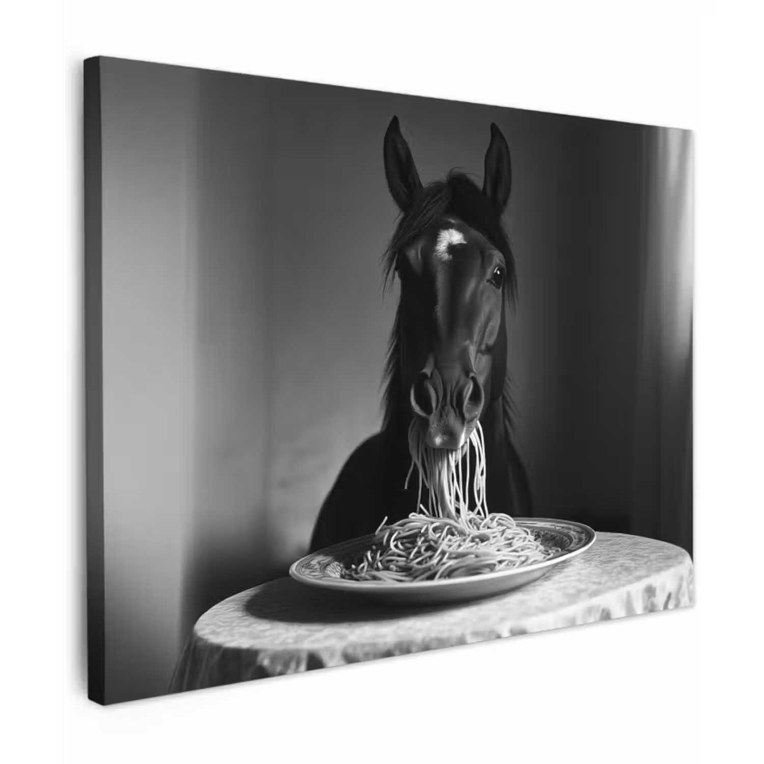 Canvas schilderij - Paard - Bord - Pasta - Tafelkleed - Zwart Wit - Dieren
