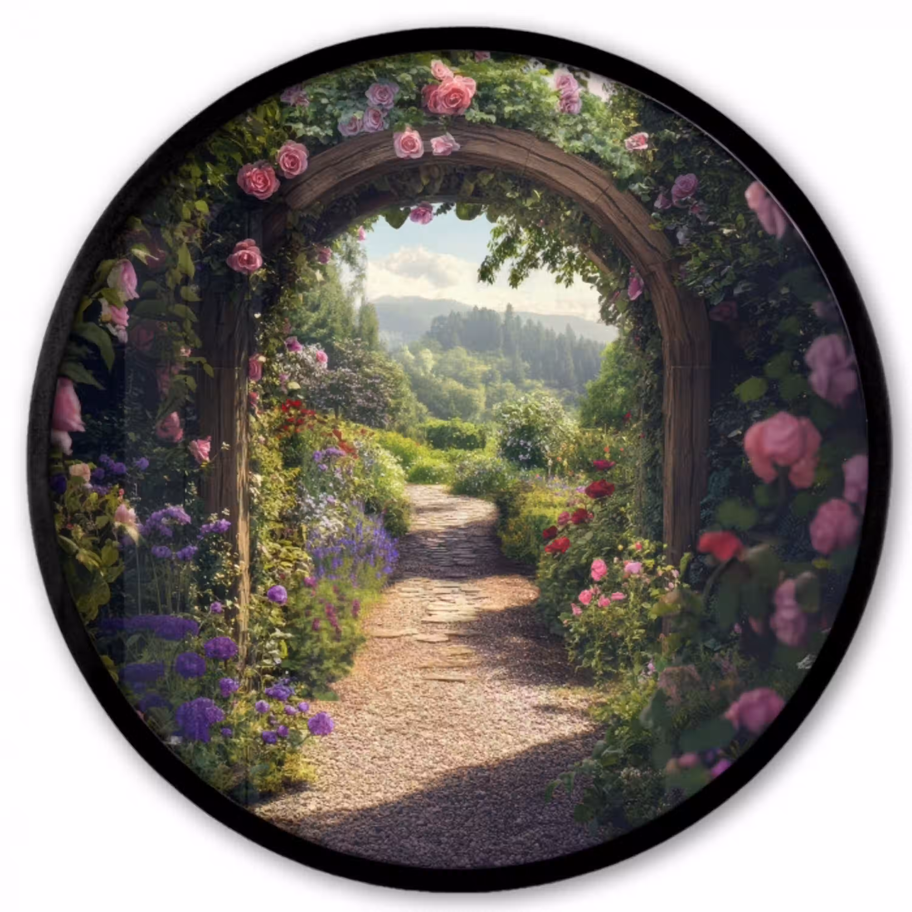 Doorkijk - Landschap - Bloemen - Rozenboog - Natuur Fotolijst rond zonder passe partout klein -3d