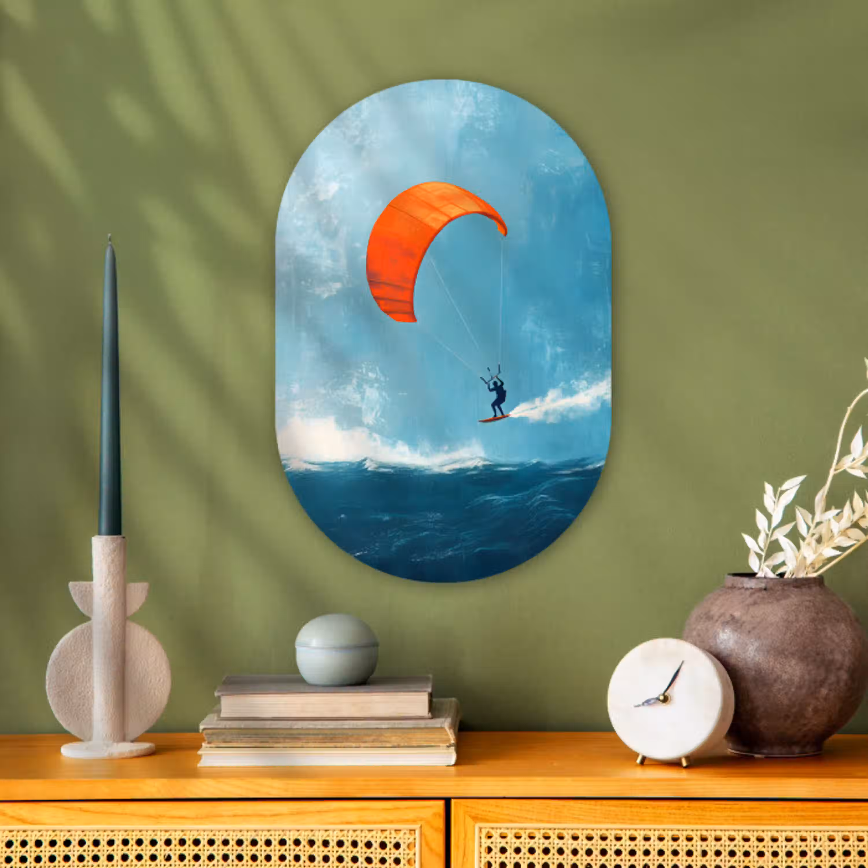 Kitesurfer - Oranje - Zee - Lucht Wandcirkel Ovaal Forex klein -sfeer2