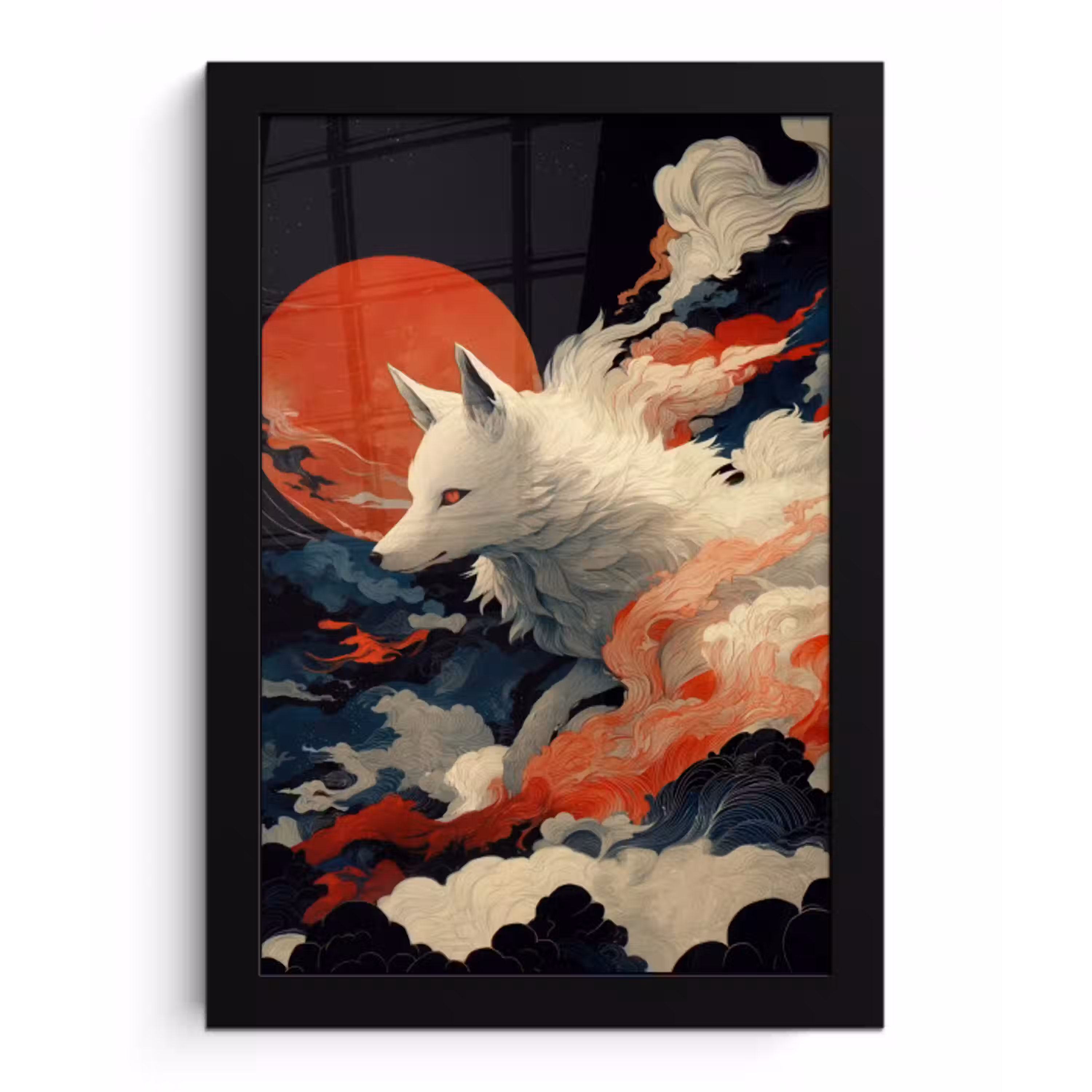 Witte vos - wolken - maan fotolijst zwart zonder passe partout klein -3d