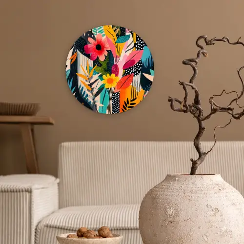 Schilderij - Abstract - Bloemen - Roze Wandcirkel kunststof plaat 5mm dik klein -sfeer1