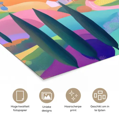 Landschap - Paars - Pastel - Huizen poster papier klein -closeup_NL