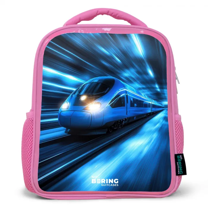 Supersnelle trein in neonblauwe tunnel Kinderrugzak - Roze middel -3d
