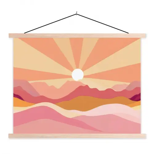 Bergen - Abstract - Zonnestralen - Roze textielposter latten blank klein -3d
