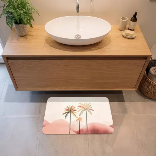 Palmbomen - Heuvels - Minimalistisch - Zachtroze Badmat klein -sfeer1