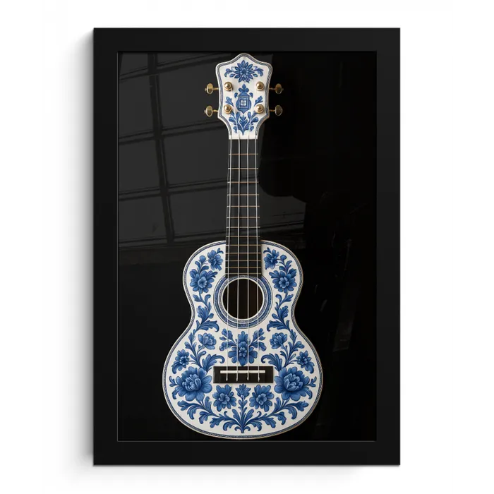 Ukelele - Delfts - Blauw - Muziek fotolijst zwart zonder passe partout klein -3d