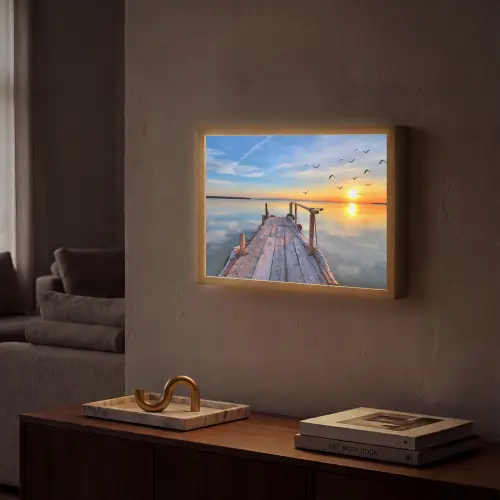 Water - Steiger - Vogels - Zonsondergang - Horizon Light Box met batterij (Wandlamp) middel -sfeer1