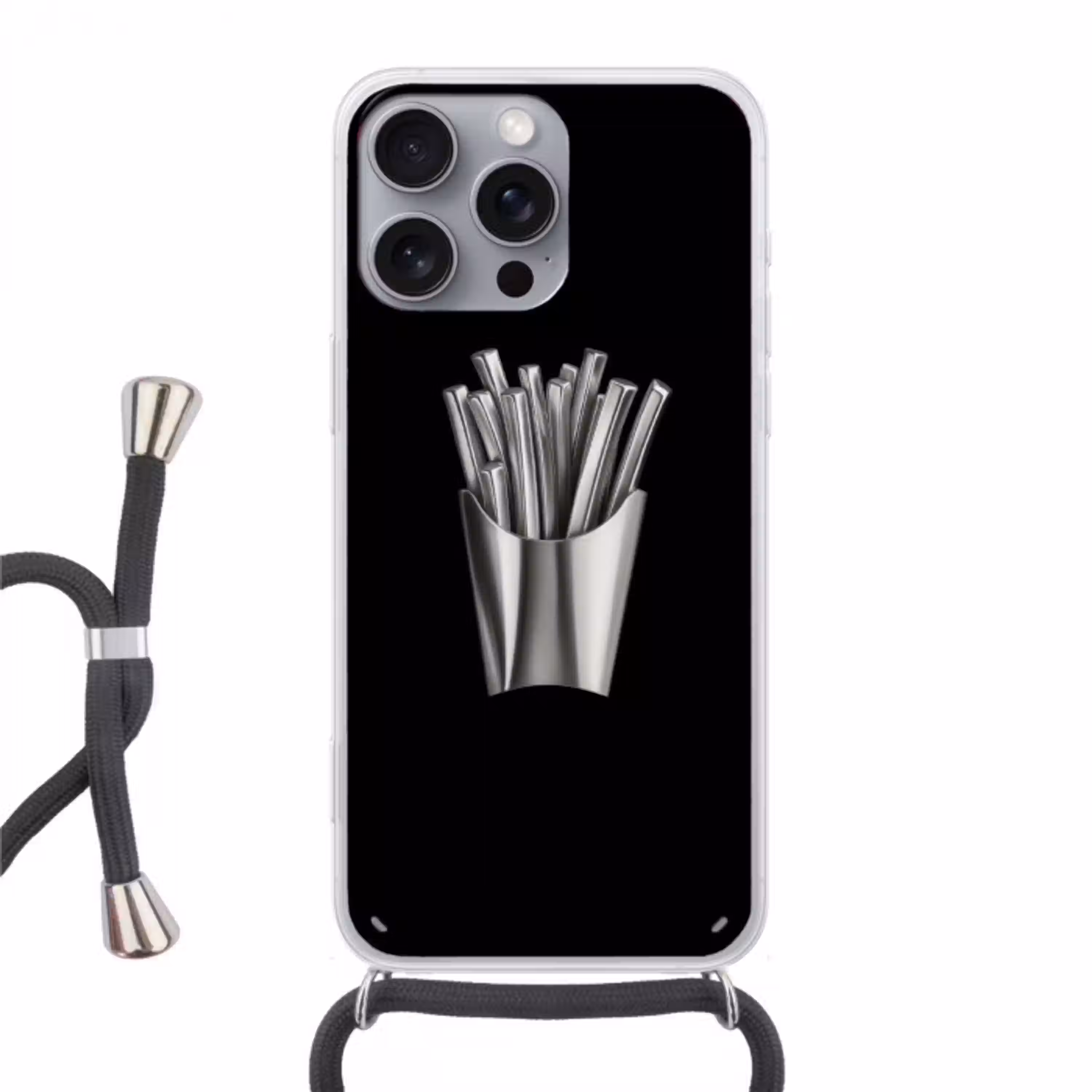 Frietjes - Futuristisch - Zilver Hoesje iPhone 16 Pro Max met koord klein -3d