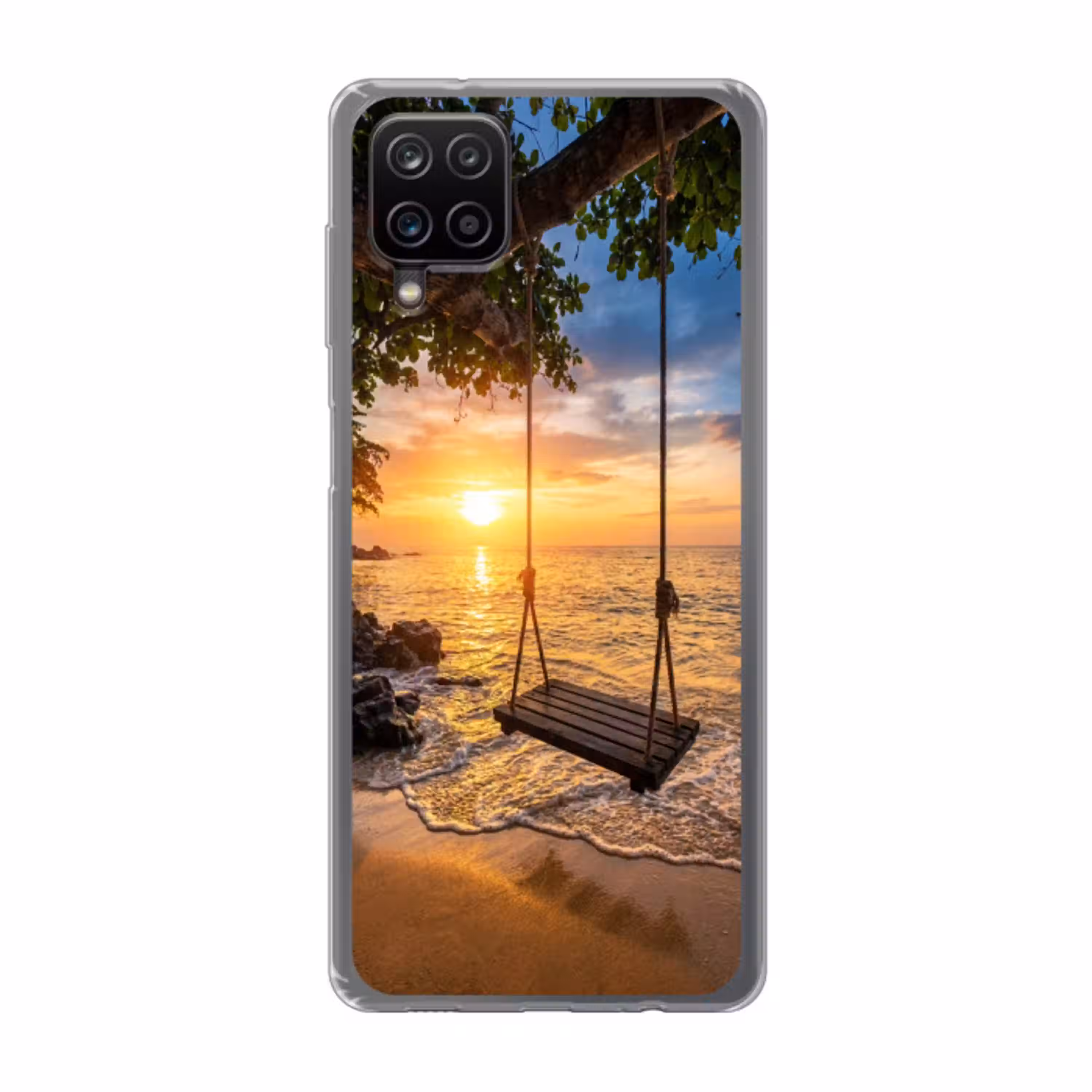 Schommel - Strand - Zonsondergang - Natuur - Oranje Telefoonhoesje Samsung Galaxy A12 klein -3d