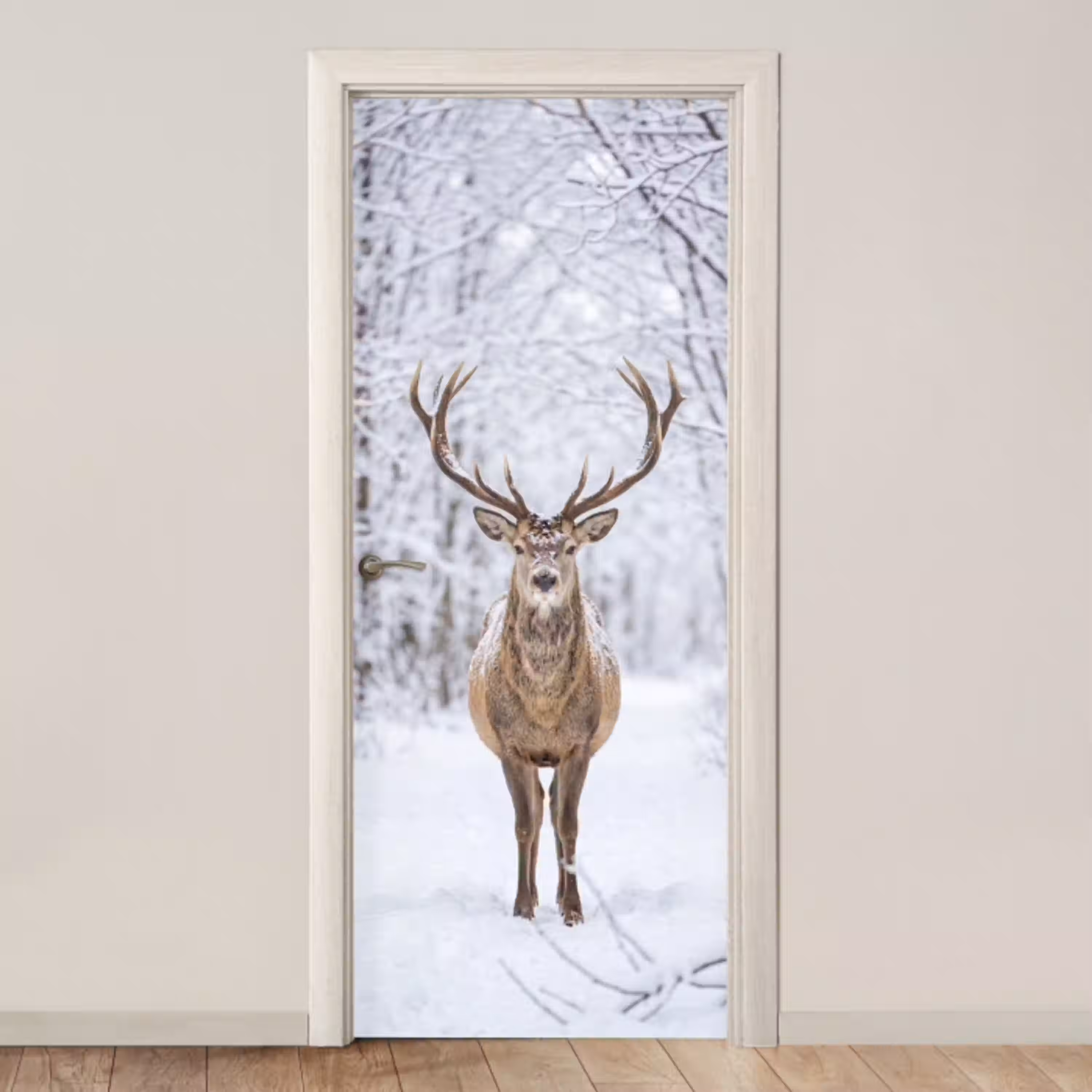 Hert - Winter - Bos - Natuur - Wit deurposter klein -3d_beige