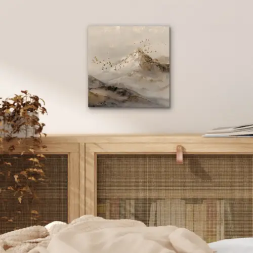 Berglandschap - Mist  - Penseelstreken aluminium wit klein -sfeer3