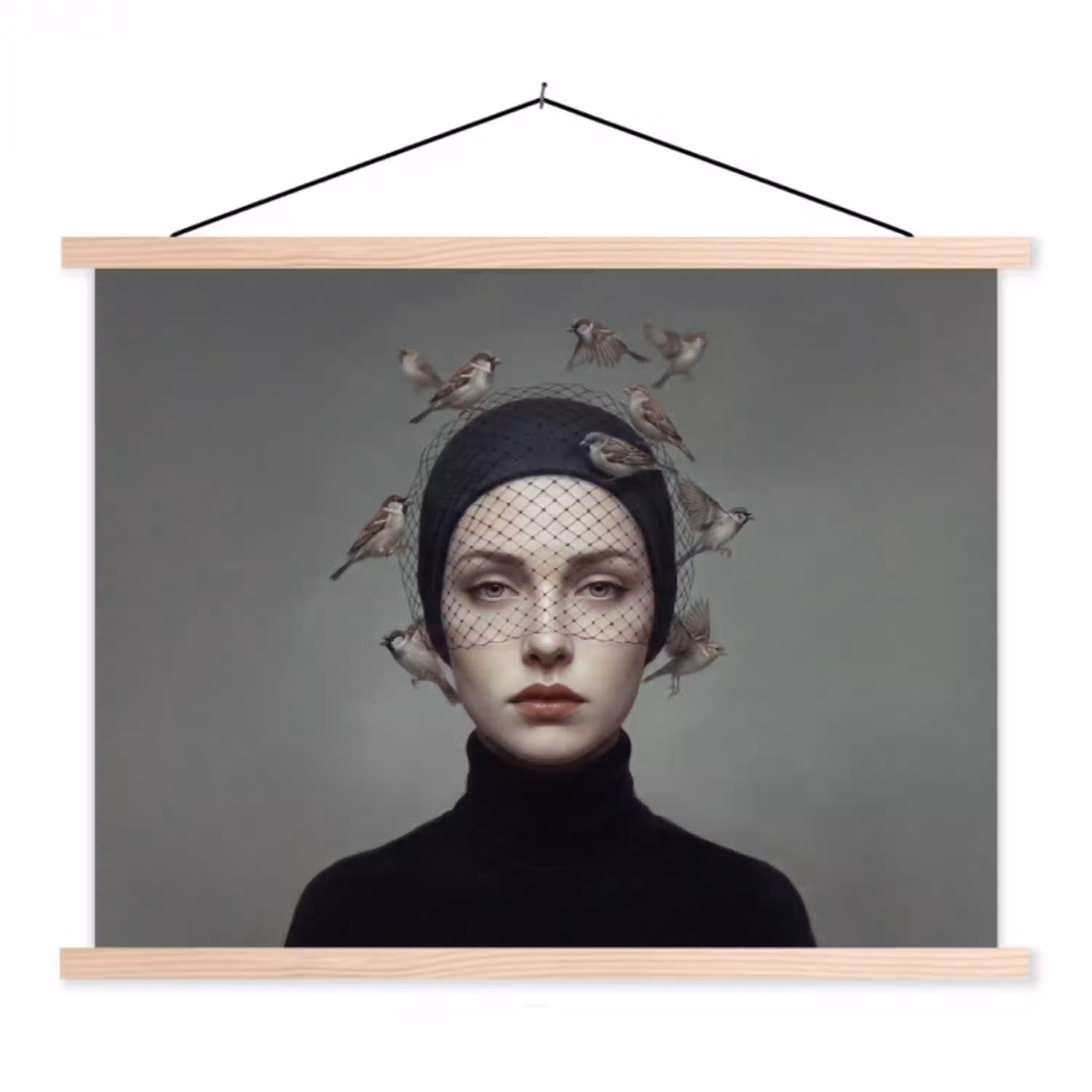 Portret - Vogels - Zwart textielposter latten blank klein -3d