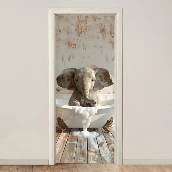 Deursticker - Vintage - Olifant - Badkuip - Schuim - Wilde dieren