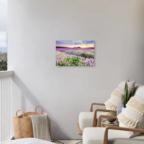 Bloemen - Lavendel - Paars - Lucht - Zonsondergang - Weide - Natuur Tuinposter op houten frame 2 cm dik klein -sfeer1