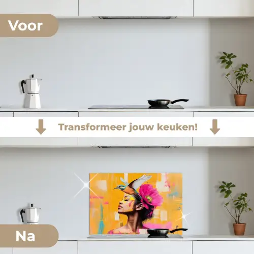 Vogel - Vrouw - Abstract - Bloem keuken achterwand spatscherm klein -voor_na_NL