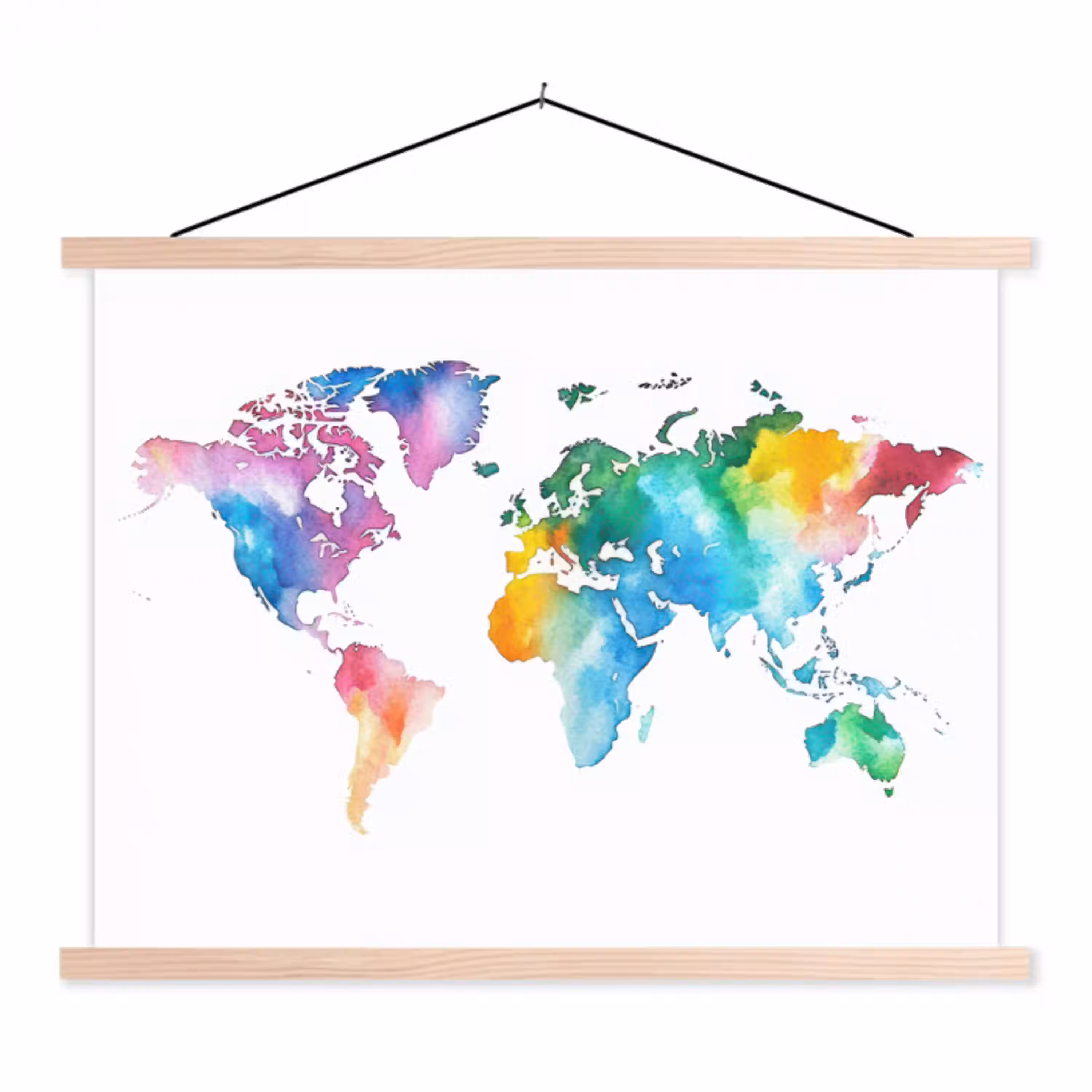 Regenboog - Wereldkaart - Aquarel textielposter latten blank klein -3d
