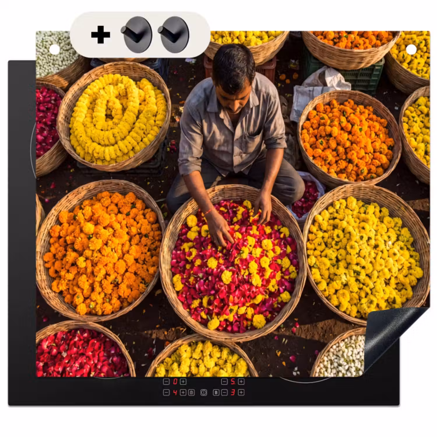 Inductie beschermer en spatscherm (2in1) - Bloemen - Markt - Kleurrijk