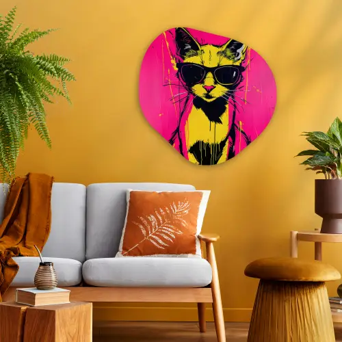 Kat - Art - Zonnebril - Roze Wandcirkel Organisch Plexiglas middel -sfeer4