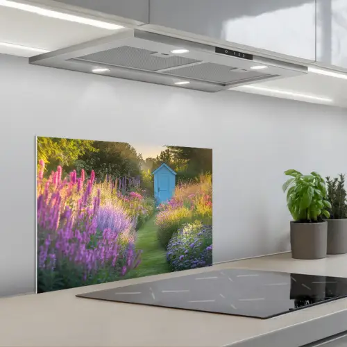 Tuinhuisje - Blauw - Bloemen keuken achterwand spatscherm klein -3d_schuin