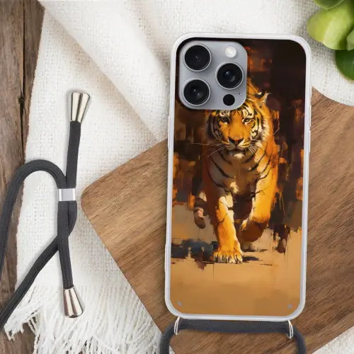 Tijger - Geschilderd - Oranje - Penseelstreken Hoesje iPhone 16 Pro Max met koord klein -sfeer4
