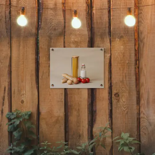 Spaghetti - Melk - Tomaten - Eieren - Brood tuinposter los doek klein -sfeer1