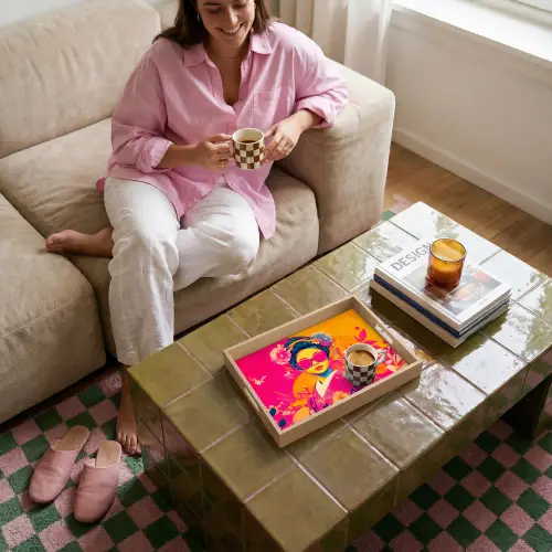 Vrouw - Zonnebril - Abstract - Oranje Dienblad Rechthoek middel -sfeer3