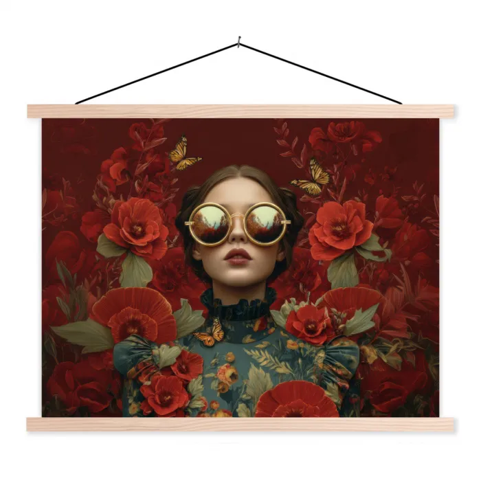 Bloemen - Dieprood - Zonnebril - Vrouw textielposter latten blank klein -3d