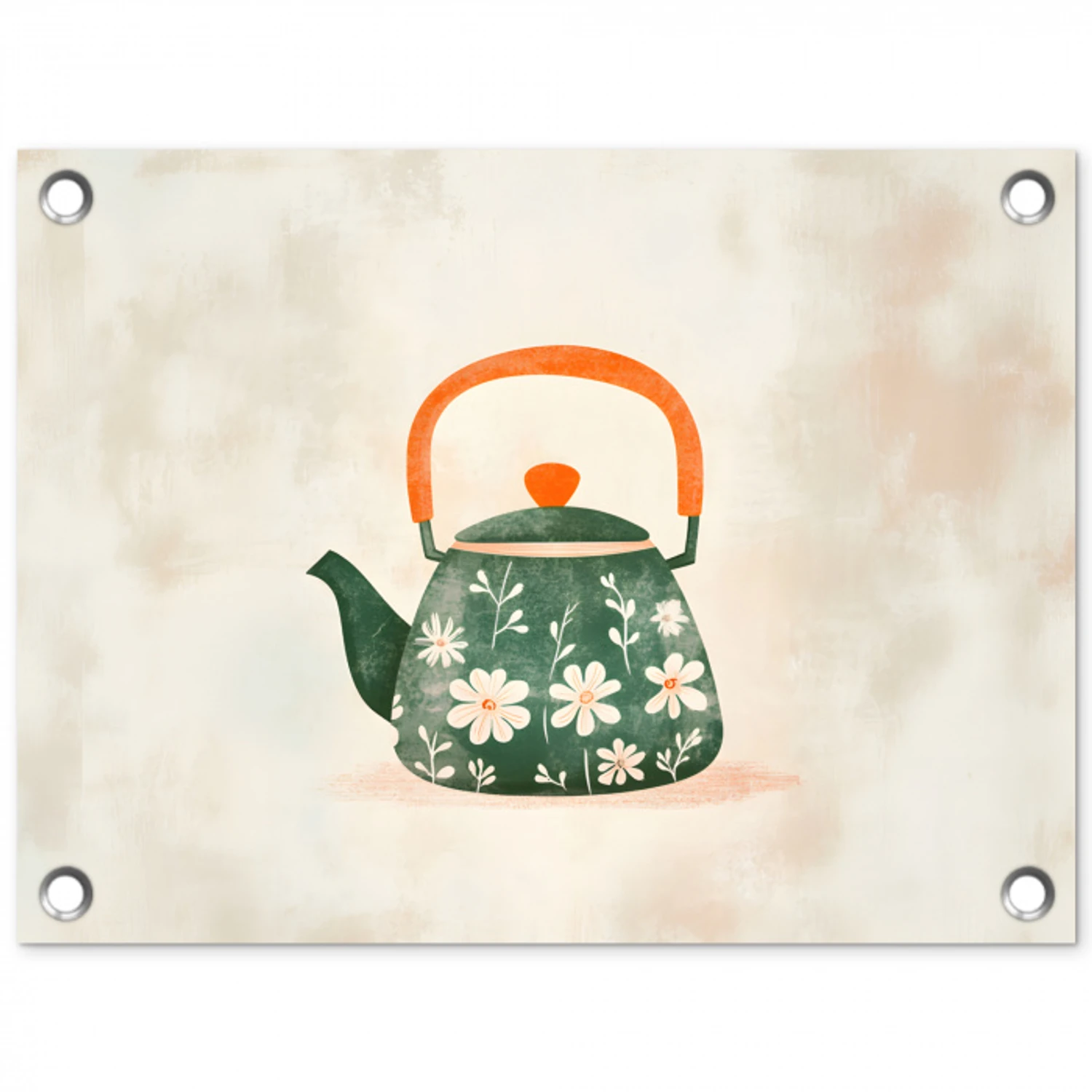 Theepot - Groen - Bloemen - Oranje tuinposter los doek klein -3d