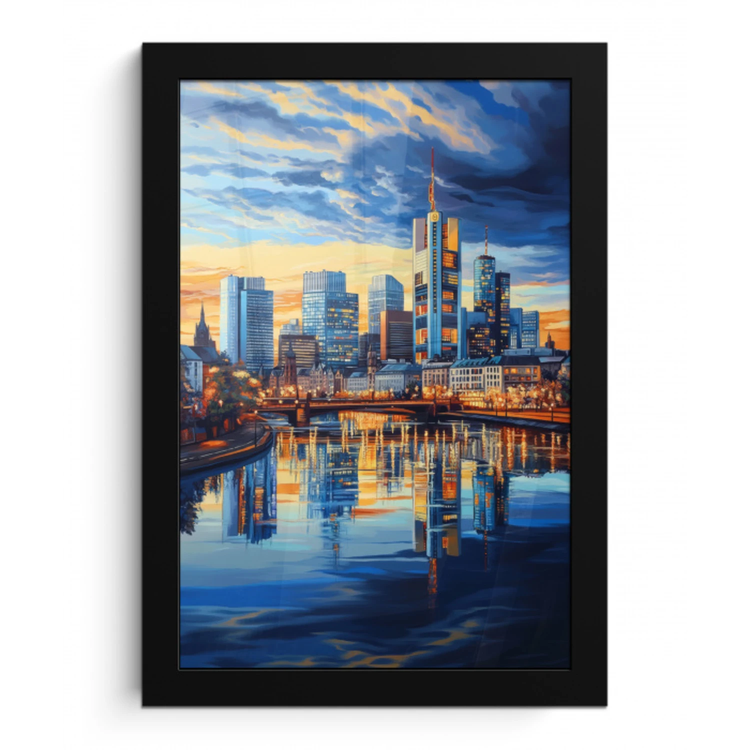 Zonsondergang Frankfurt - Stad - Skyline - Water fotolijst zwart zonder passe partout klein -3d