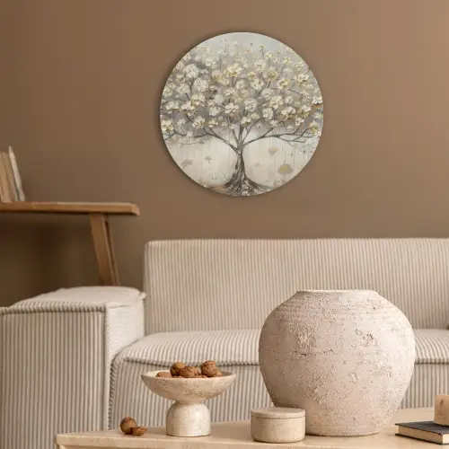 Boom - Beige - Goud - Verflook - Grijs Akoestische PET Vilt - Rond klein -sfeer1
