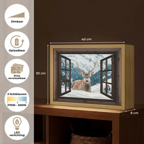 Hert - Landschap - Winter - Natuur - Dieren - Doorkijk - Bergen Light Box met batterij (Wandlamp) middel -USP_websiteoverzichtNL