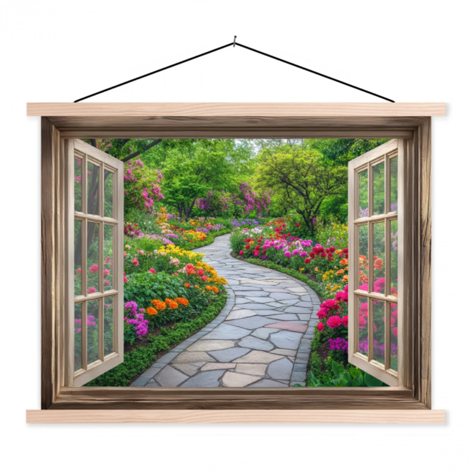 Doorkijk - Bloemen - Tuinpad - Natuur - Raam textielposter latten blank klein -3d