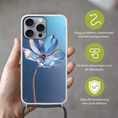 Blauw - Bloem - Glazen - Sierlijk Hoesje iPhone 16 Pro Max met koord klein -sfeer2_NL