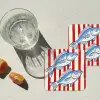 Vissen - Verticale strepen - Blauw - Rood onderzetter kurk middel -sfeer4