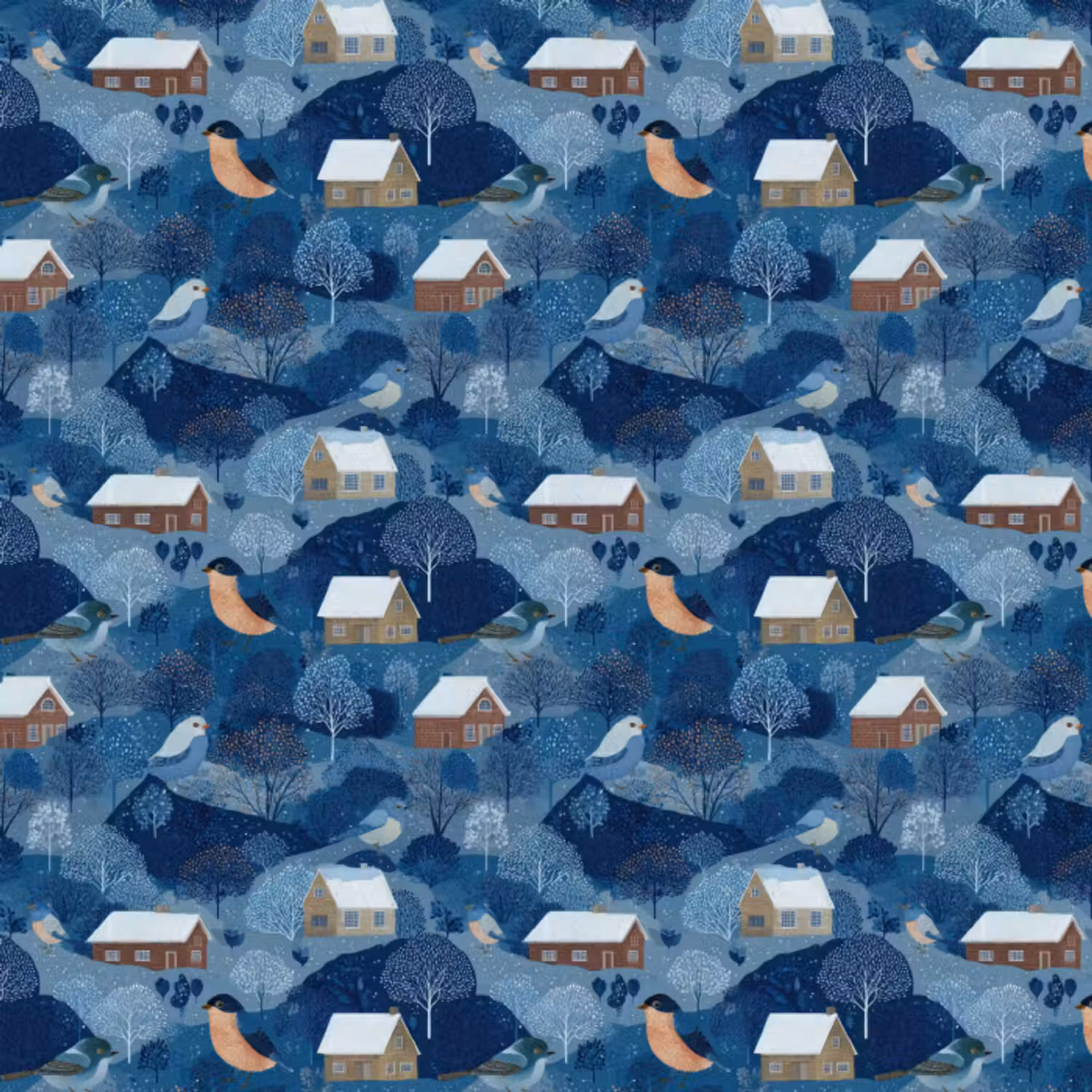 Tapete - Häuser - Vögel - Schnee - Blau