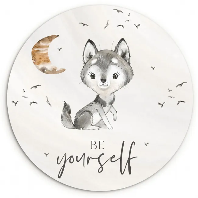 Spreuken - Wolf - Be yourself - Kinderen - Jongens - Meisjes - Waterverf Wandcirkel kunststof plaat 5mm dik klein -3d