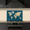 Wereldkaart - Donkerblauw - Beige keuken achterwand spatscherm klein -sfeer1