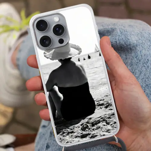 Vrouwen - Zonnehoed - Strand - Zwart - Wit Hoesje iPhone 16 Pro Max met koord klein -sfeer3