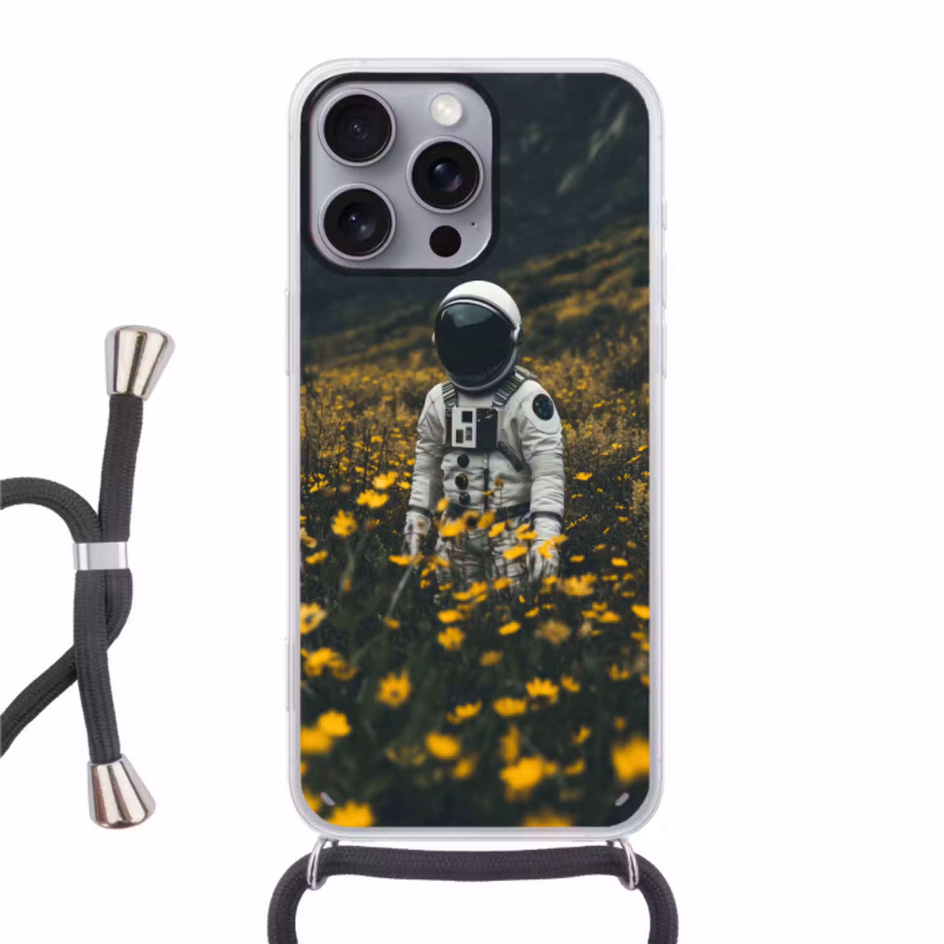 Astronaut - Bloemen - Veld - Geel Hoesje iPhone 16 Pro Max met koord klein -3d